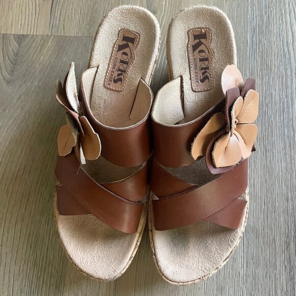 Korks Rosette Cork Wedge Sandals Leather Flower Women's 8 Y2K Summer Brown! - Picture 2 of 8